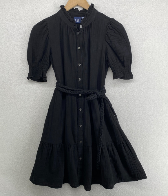 GAP Dresses & Skirts - GAP Dress XS Crinkle Gauze Mini Tiered Ruffle Button Front Puff Sleeve Black NEW